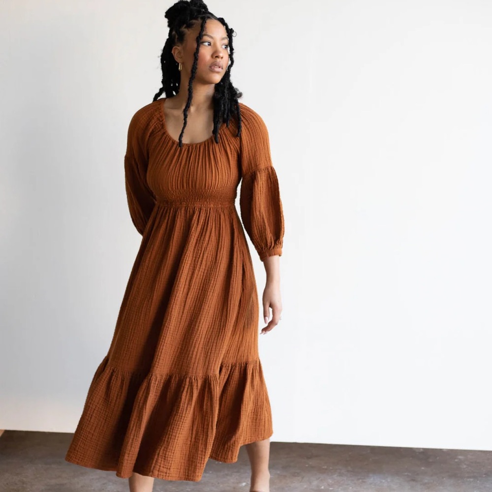 Orange Brown Midi Sundress with Bishop Sleeves